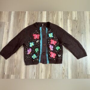 Free People Brown Cropped Cardigan with Colorful Embroidered Butterflies Sz Larg